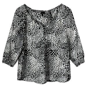 Talbots Tie Neck Smocked Blouse Navy Ivory Abstract Dot 3/4 Sleeve Size M